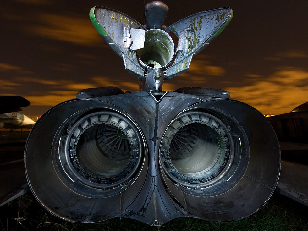 The twin afterburning nozzles two Tumansky turbojets mounted side by side in the tail.