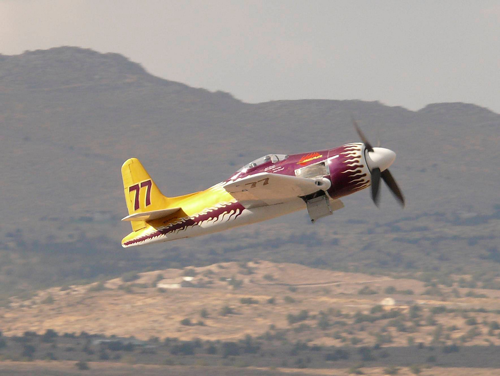 Rare Bear, the highly modified Bearcat racer, at the Reno Air Races the fastest piston aeroplane on record.