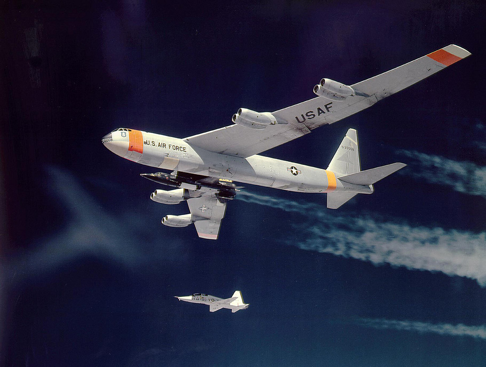 The X-15 carried aloft under the wing of its B-52 mothership, ready to be dropped at ~45,000 ft.