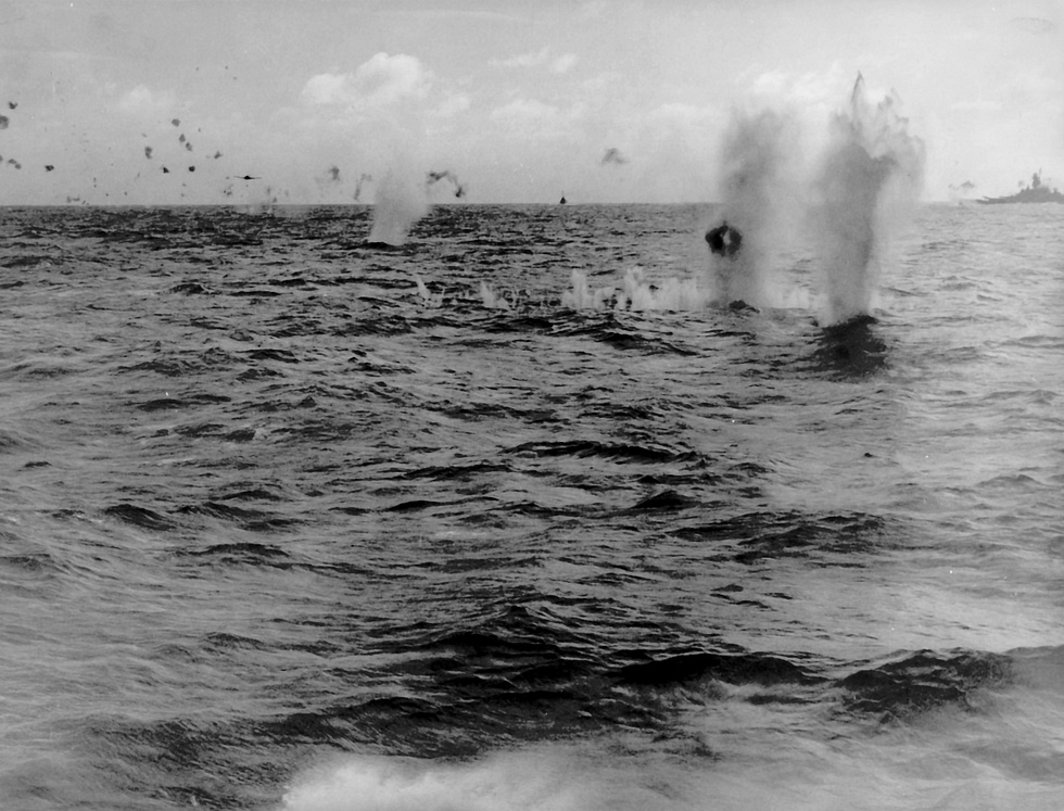 A Tenzan drops its torpedo off USS Essex (CV-9), October 1944.