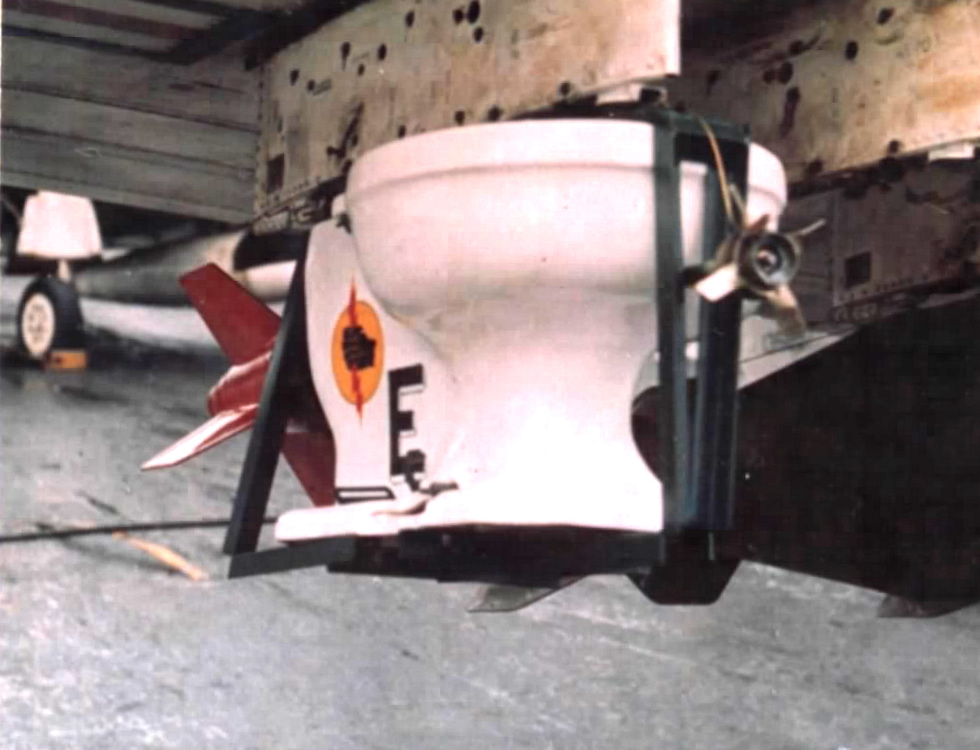The famous toilet bomb on a VA-25 Skyraider aboard USS Midway, October 1965.