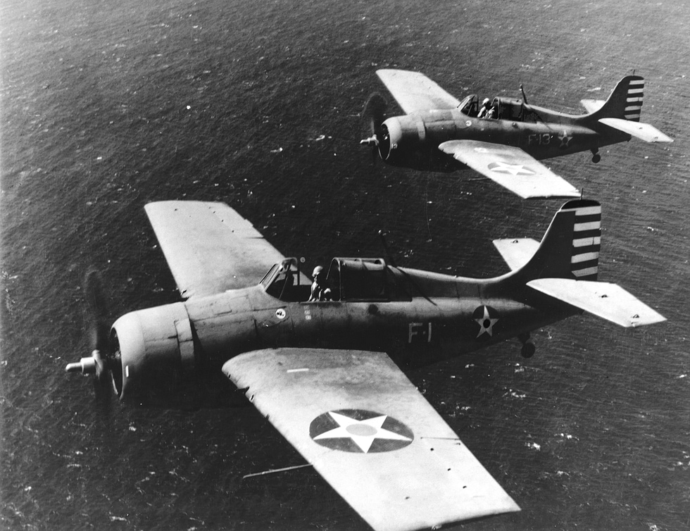 F4F-3 Wildcats of Fighting Squadron 3 in formation off Oahu, 1942.