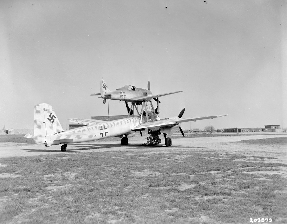 A Mistel composite: an explosive-laden unmanned Ju 88 with a Focke-Wulf Fw 190 mounted above.