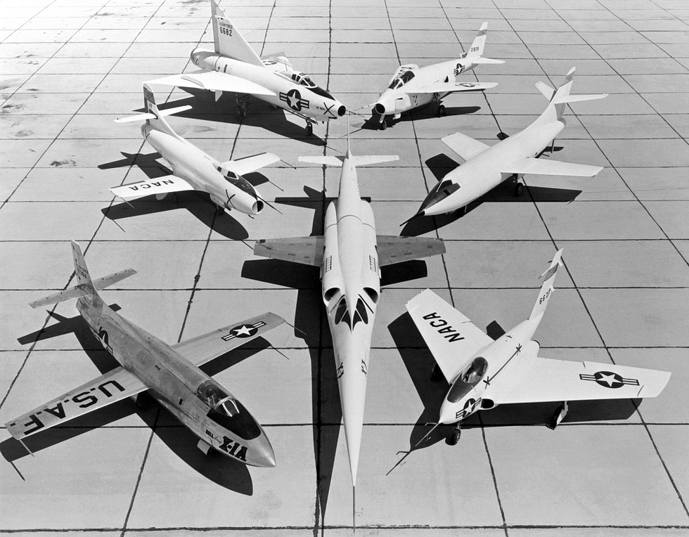 The X-1 alongside the early X-plane research fleet it inspired.