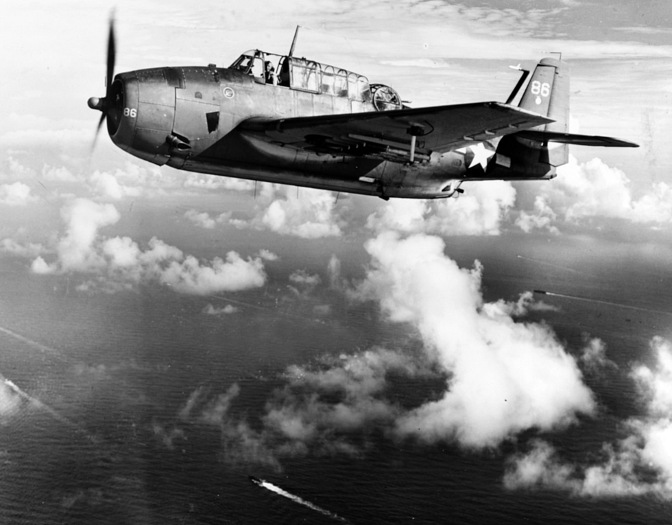TBM-1C Avengers of Torpedo Squadron 2 in formation en route to Saipan, 1944.