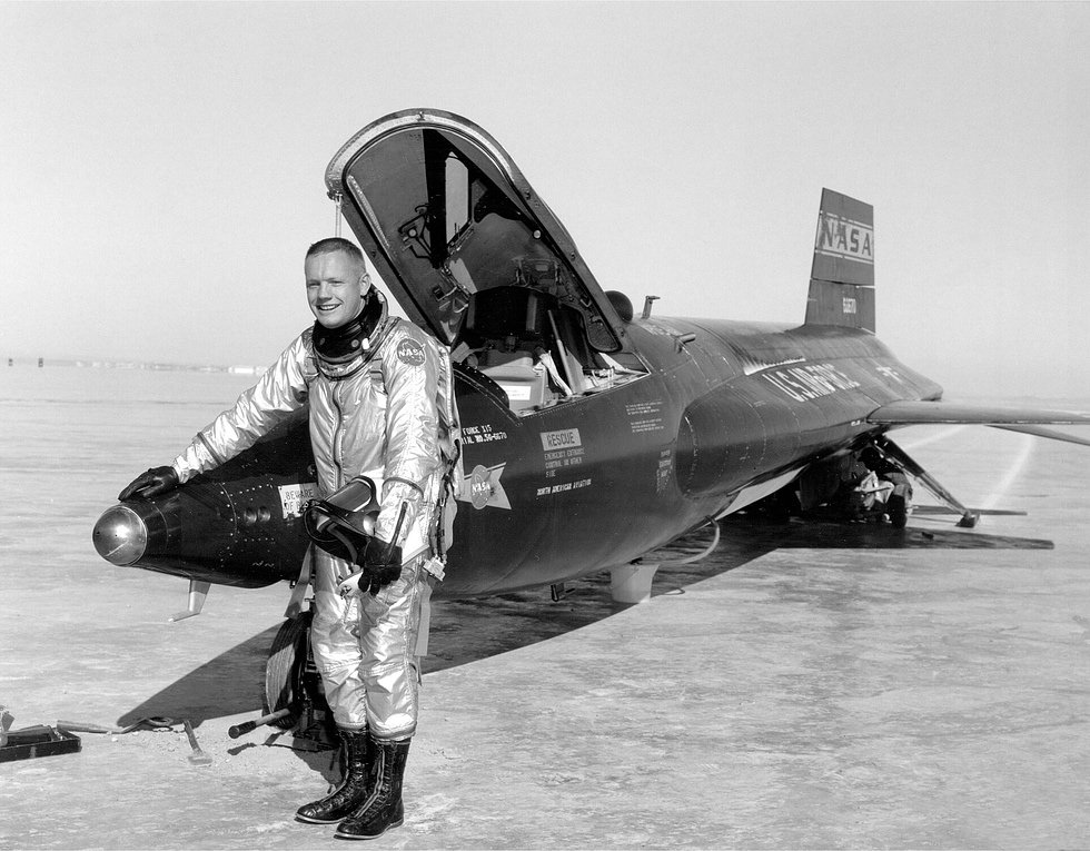 NASA research pilot Neil Armstrong beside X-15 ship #1 before his move to the astronaut corps.