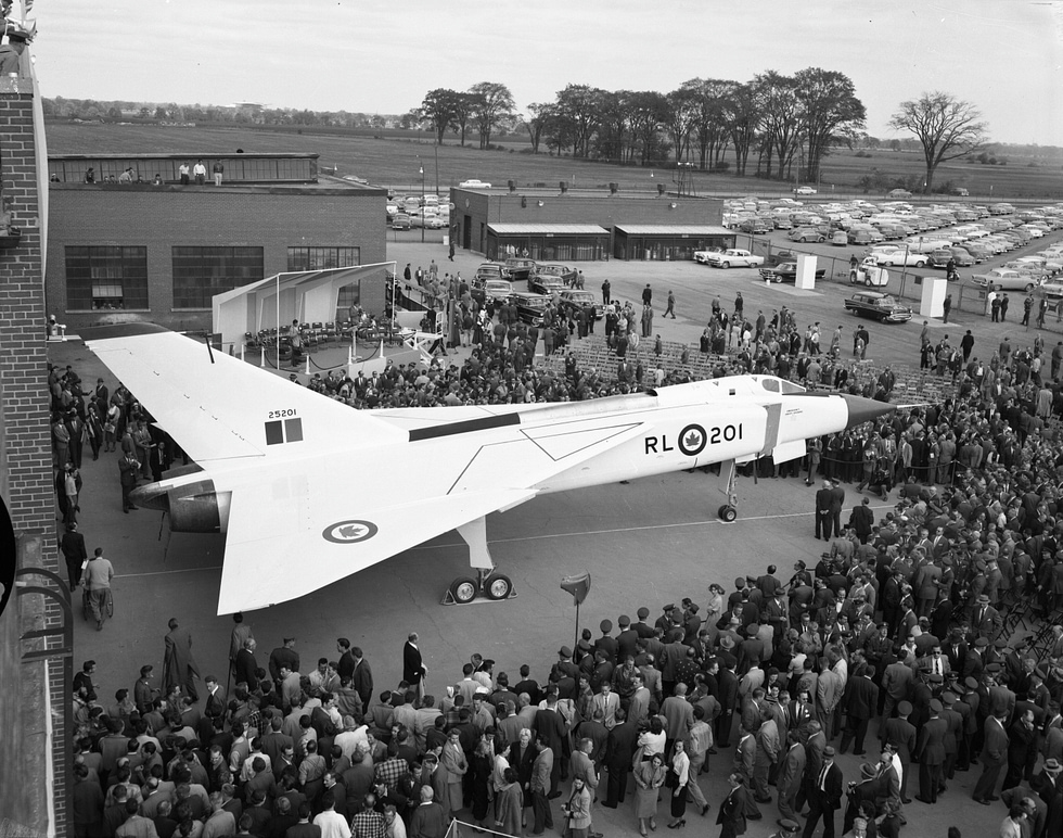 The public unveiling of the CF-105 at Malton Airport in 1957.