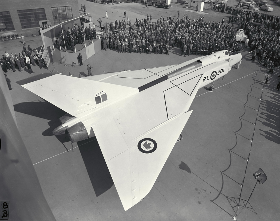 Avro Arrow RL-201 at its rollout on 4 October 1957 the white delta before a crowd at Malton.