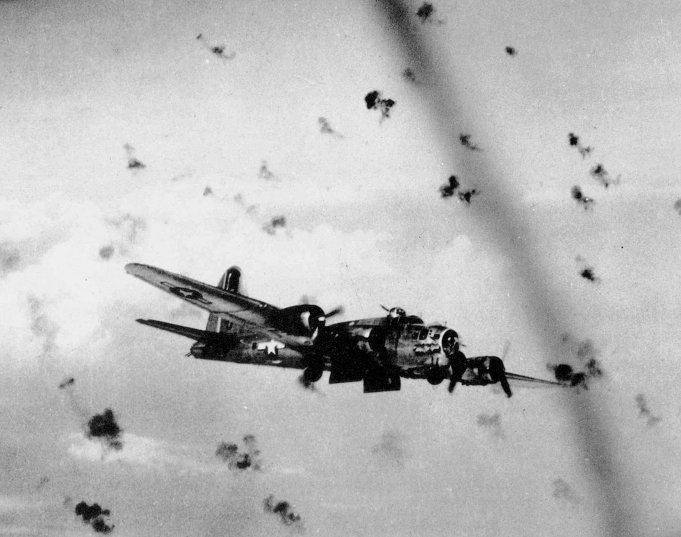 A Fortress presses through anti-aircraft flak over the target the daily reality of the bombing war.