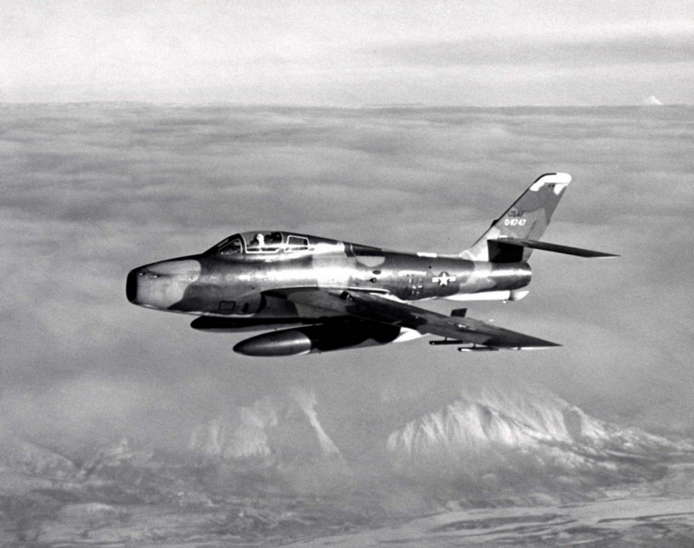 A swept-wing F-84F Thunderstreak in flight the jet that re-armed NATO.