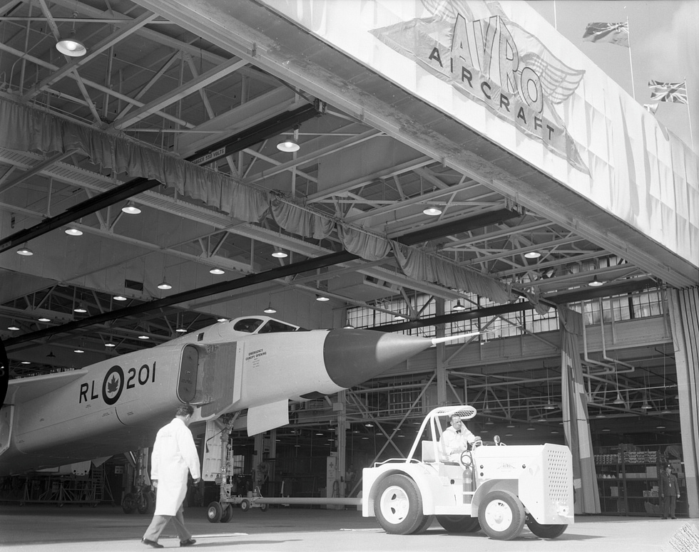 A CF-105 Arrow under assembly at the Avro plant the kind of tooling later ordered destroyed.