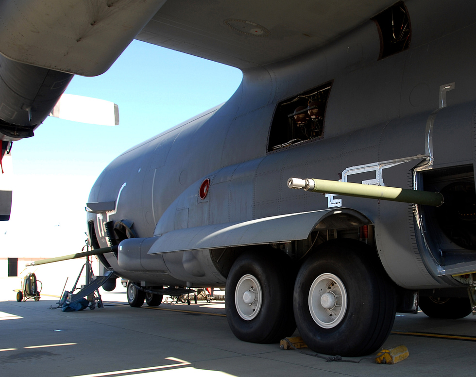 The 30 mm side-firing cannon of an AC-130U Spooky II gunship.