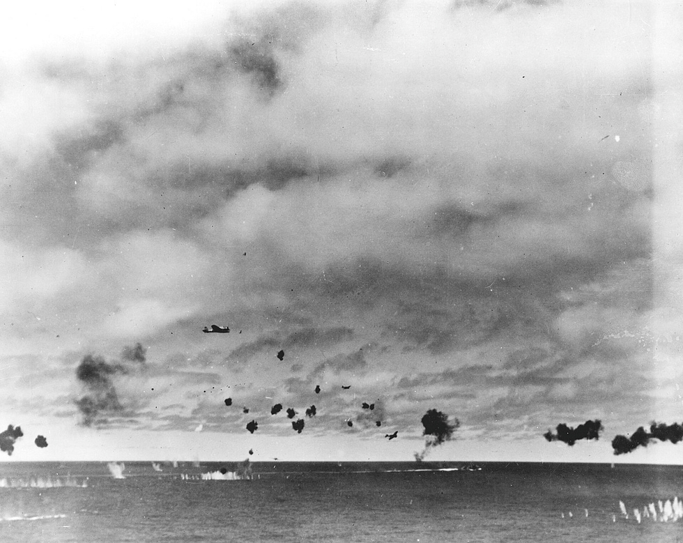 B5N torpedo bombers attacking the carrier USS Yorktown at the Battle of Midway, June 1942.