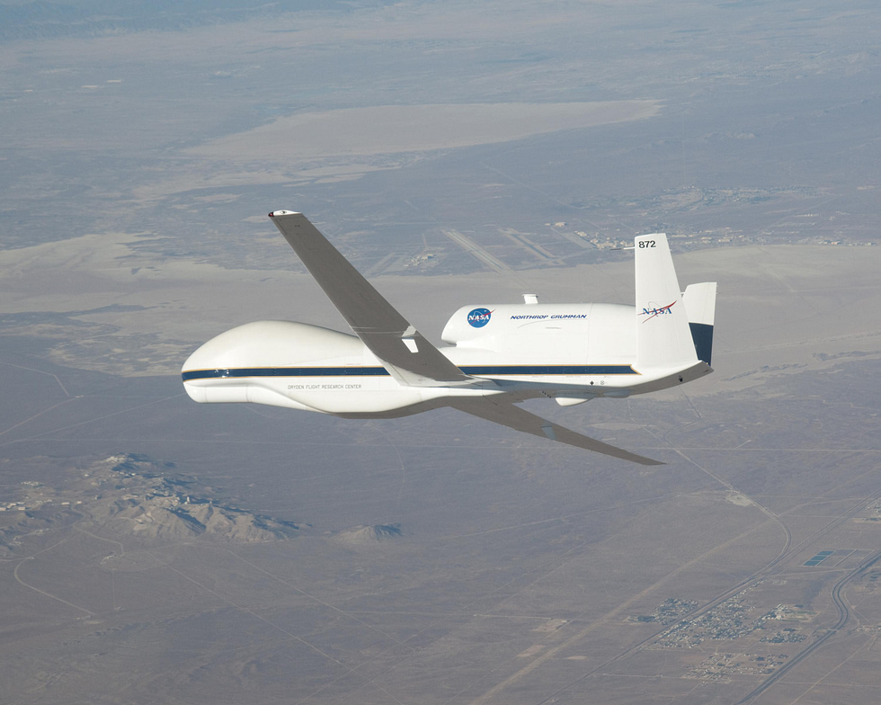 A NASA Global Hawk in flight the spy plane repurposed as a high-altitude science laboratory.