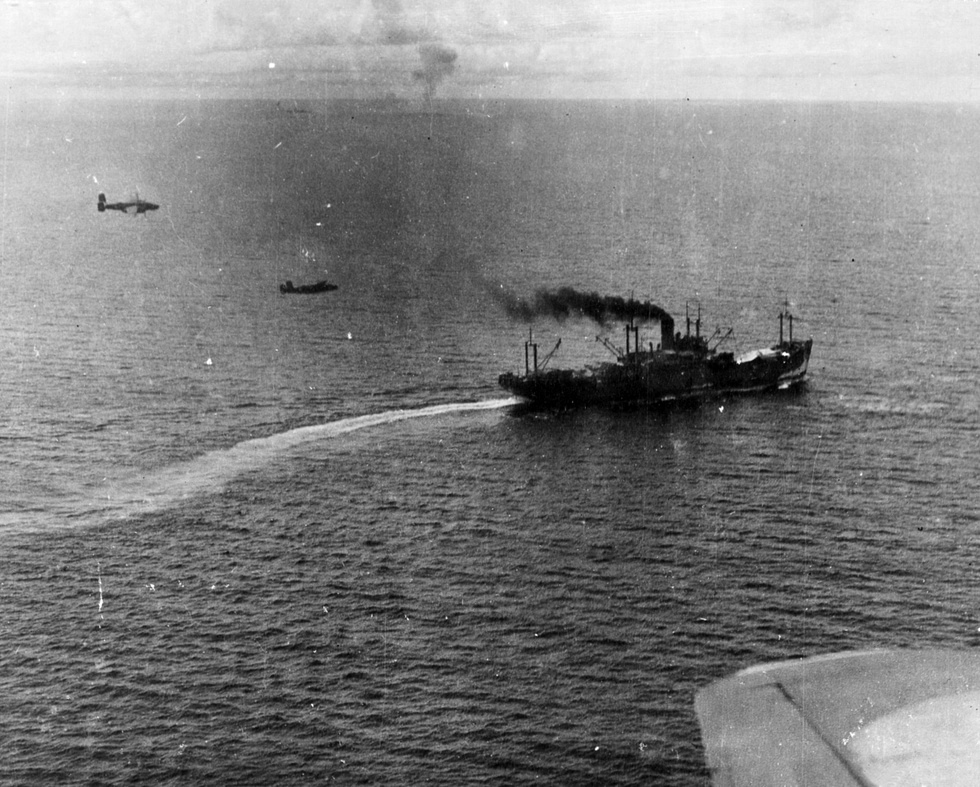 B-25 strafers attack the Japanese transport Taimei Maru at masthead height, Battle of the Bismarck Sea, March 1943.