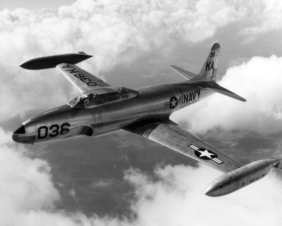 A T-33 Shooting Star in flight the tandem-cockpit trainer that taught the Western world to fly jets.