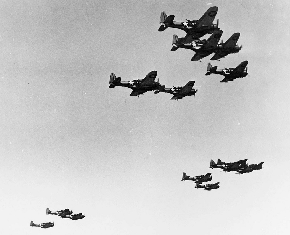 A formation of Dauntless dive bombers of squadron VB-4, 1943.