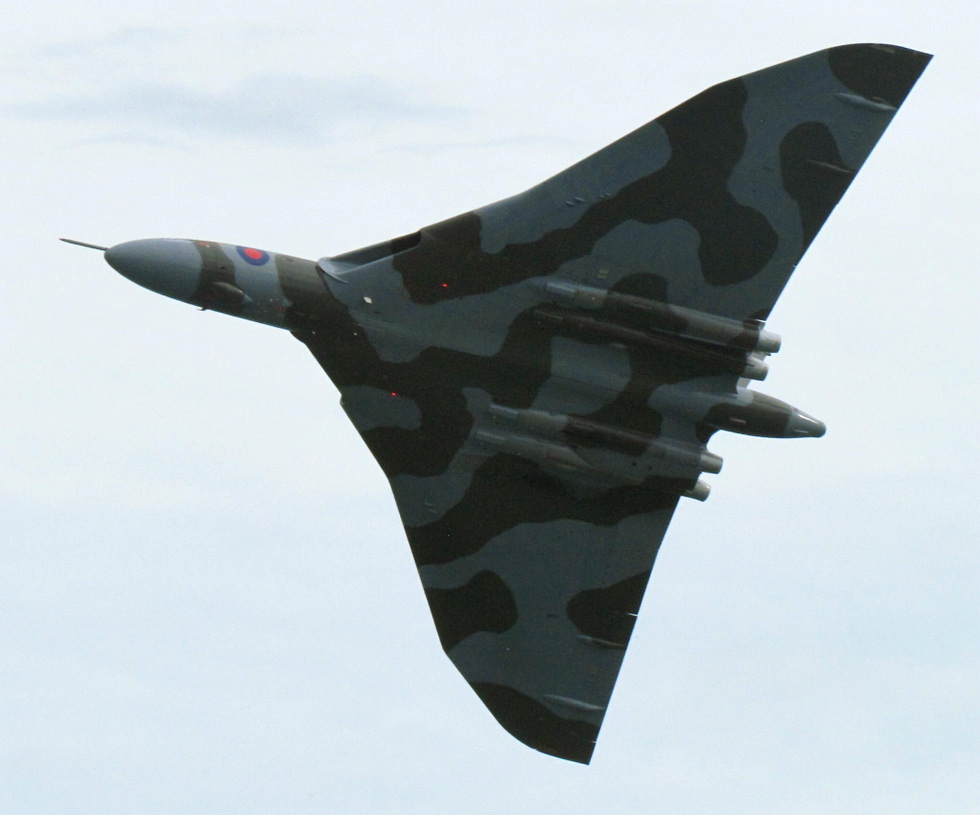 Avro Vulcan XH558 banking in flight the last airworthy Vulcan and one of the great delta shapes.