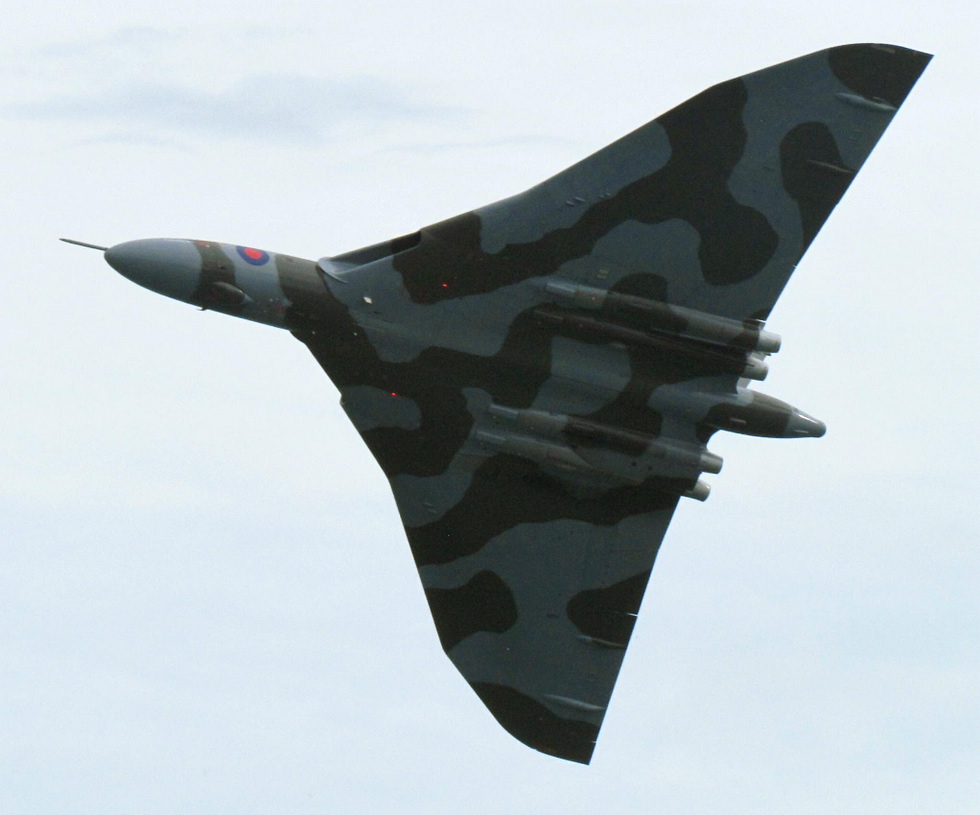 Avro Vulcan XH558 banking in flight the last airworthy Vulcan and one of the great delta shapes.