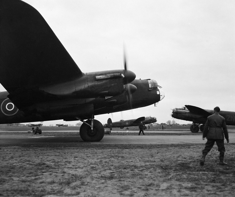 A Lancaster of RAF Bomber Command crewed by seven men on long night sorties over Germany.