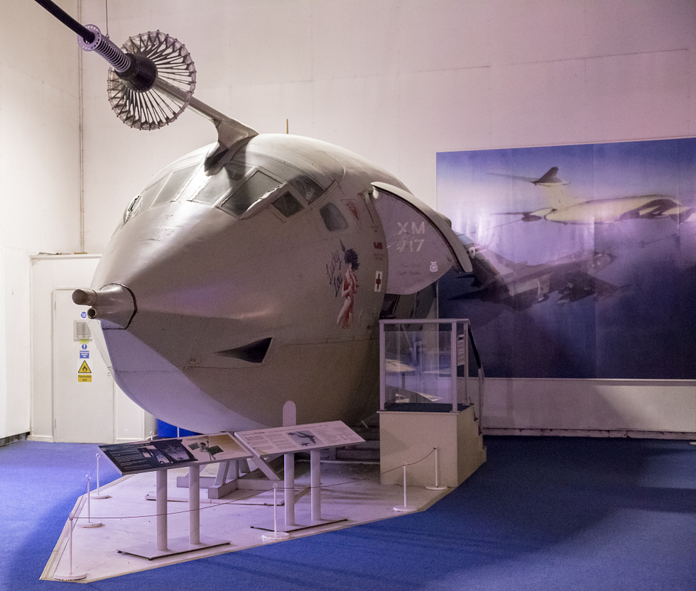 The nose of preserved Victor K.2 XM717 the pointed radome of the crescent-winged jet up close.
