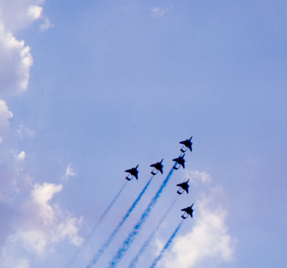 Royal Navy Sea Vixen FAW.1s in formation the twin-boom planform seen from below.