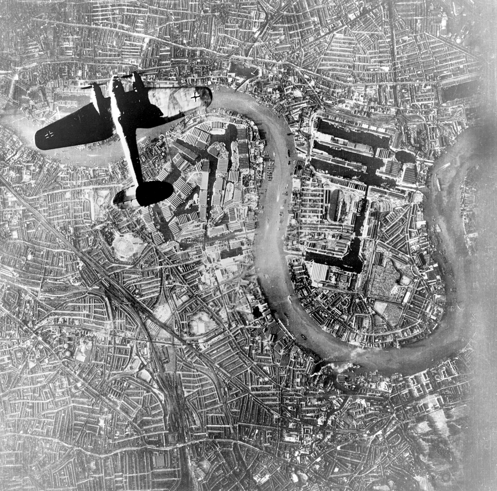 A He 111 over the Thames at Wapping on 7 September 1940, the first day of the Blitz.