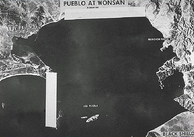 An A-12 reconnaissance photograph of the captured USS Pueblo held at Wonsan, North Korea, 1968.