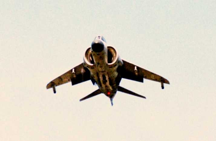 Head-on view of a BAe Sea Harrier, showing the intakes flanking the cockpit.
