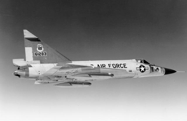 An F-102A banking in flight the tailless delta wing of the USAFs first delta interceptor.