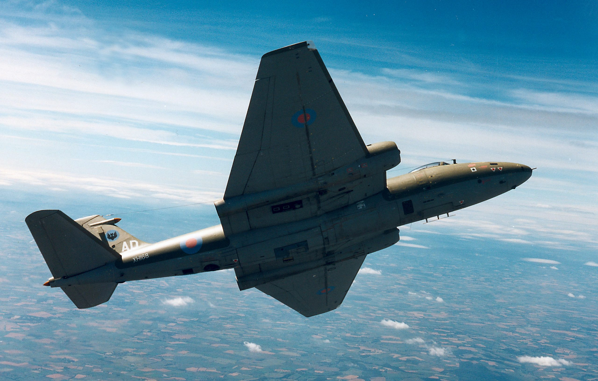 RAF English Electric Canberra jet bomber flying at high altitude