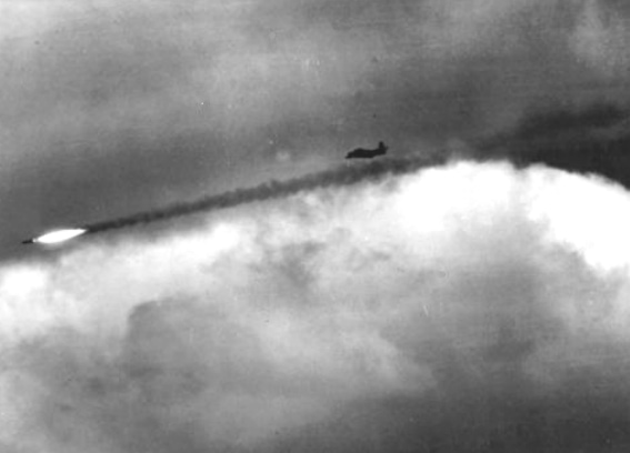 A Thunderjet fires a Tiny Tim rocket the F-84 in its element as a ground-attack platform.