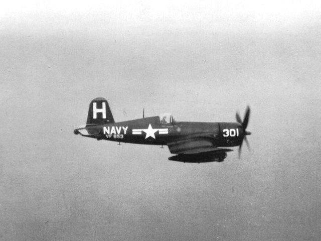 An F4U-4 of reserve squadron VF-653 in flight off Korea, 1951 the Corsairs second war.