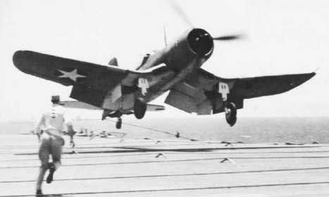 An F4U-1 bounces during a carrier landing aboard USS Bunker Hill, 1943 the trait that earned the Ensign Eliminator name.