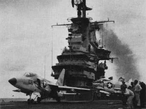 A VF-191 Tiger launches from USS Bon Homme Richard (CVA-31), 1959 catapult stroke at full power.