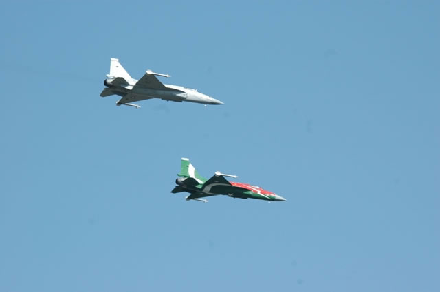 Two JF-17 Thunders in formation the backbone of Pakistans fighter fleet.