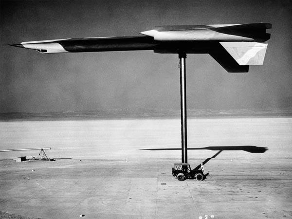 An A-12 mounted on a pylon for radar cross-section testing at Area 51 early stealth work.
