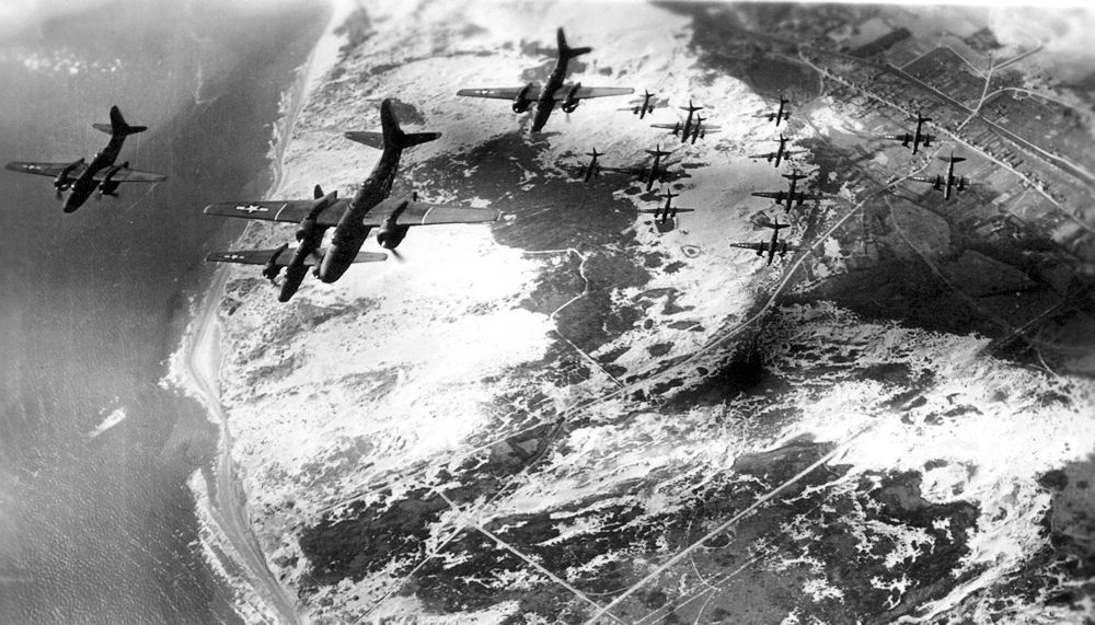 Formation of Douglas A-20 Havoc bombers of the 410th Bomb Group