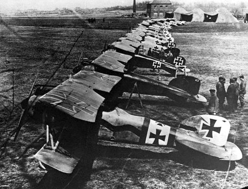 Albatros D.IIIs of Jagdstaffel 11 and Jasta 4 lined up at Douai, 1917