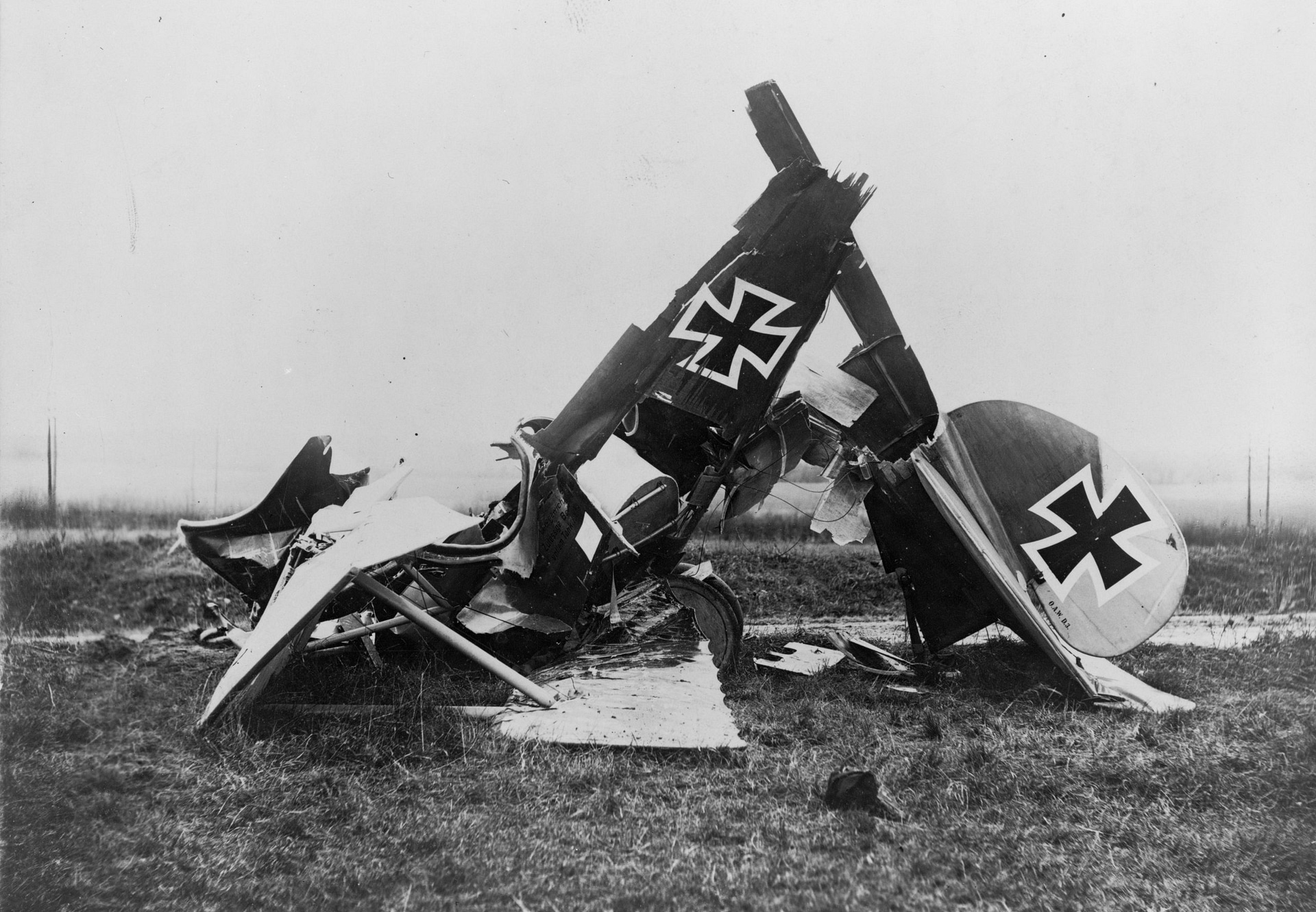 Wreck of an Albatros D.III in Flanders showing the exposed lower wing