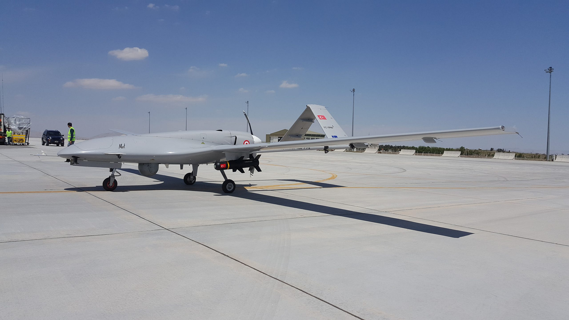Bayraktar TB2 drone on the ground showing its twin-boom layout