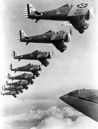 Nine Boeing P-26 fighters in a formation flypast