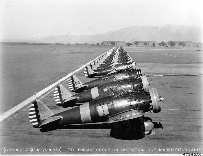 Boeing P-26 Peashooters of a U.S. Army pursuit group in formation in the 1930s