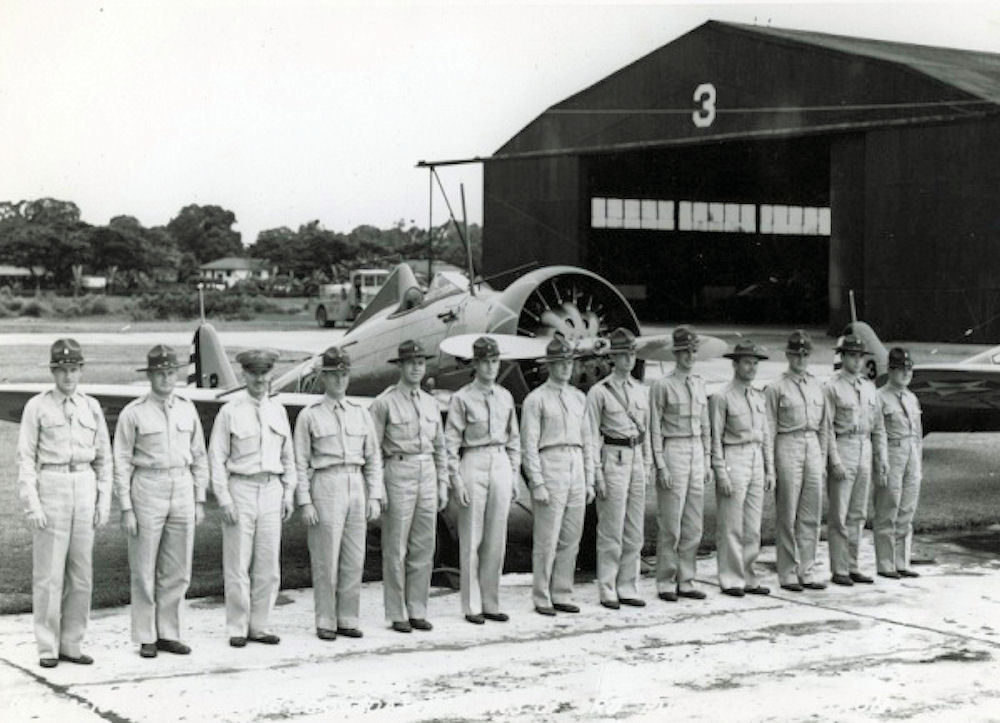 Officers of a U.S. Army pursuit squadron with a Boeing P-26 Peashooter