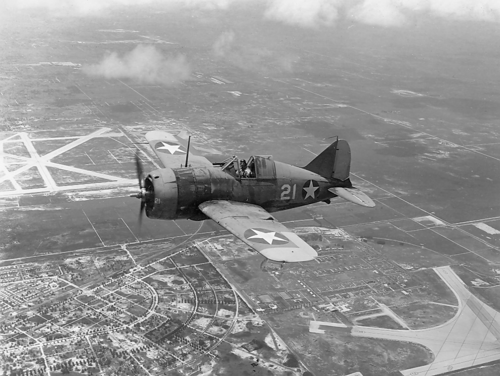 Brewster F2A-3 Buffalo in flight near NAS Miami, 1942