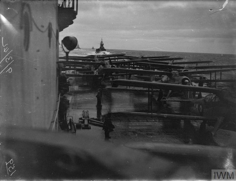 Albacores armed with torpedoes ranged on deck before launching from HMS Victorious against Tirpitz, 9 March 1942. Photo: Lt C. H. Parnall, RN official photographer — IWM (public domain).