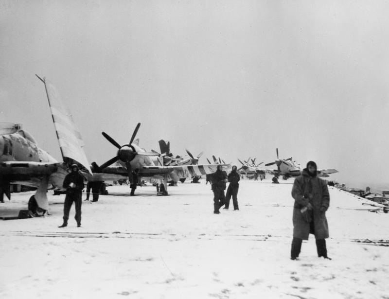 Fairey Fireflies on the flight deck of HMS Theseus off Korea
