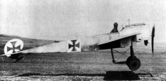 Fokker Eindecker monoplane fighter in flight, profile view