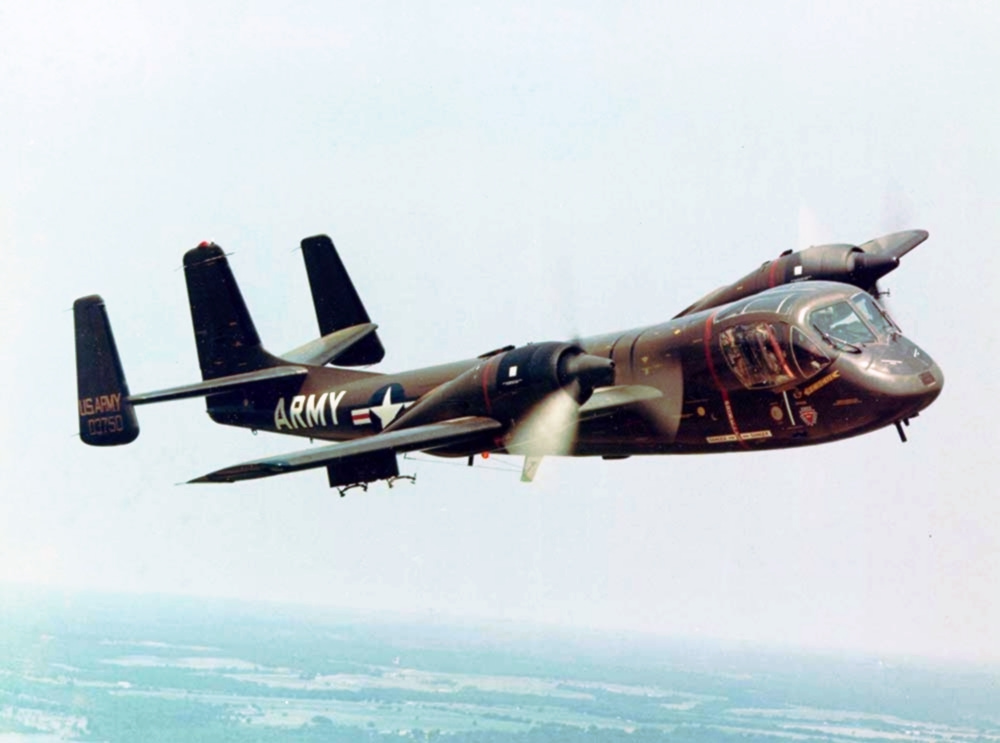 Grumman OV-1 Mohawk U.S. Army battlefield surveillance aircraft banking in flight