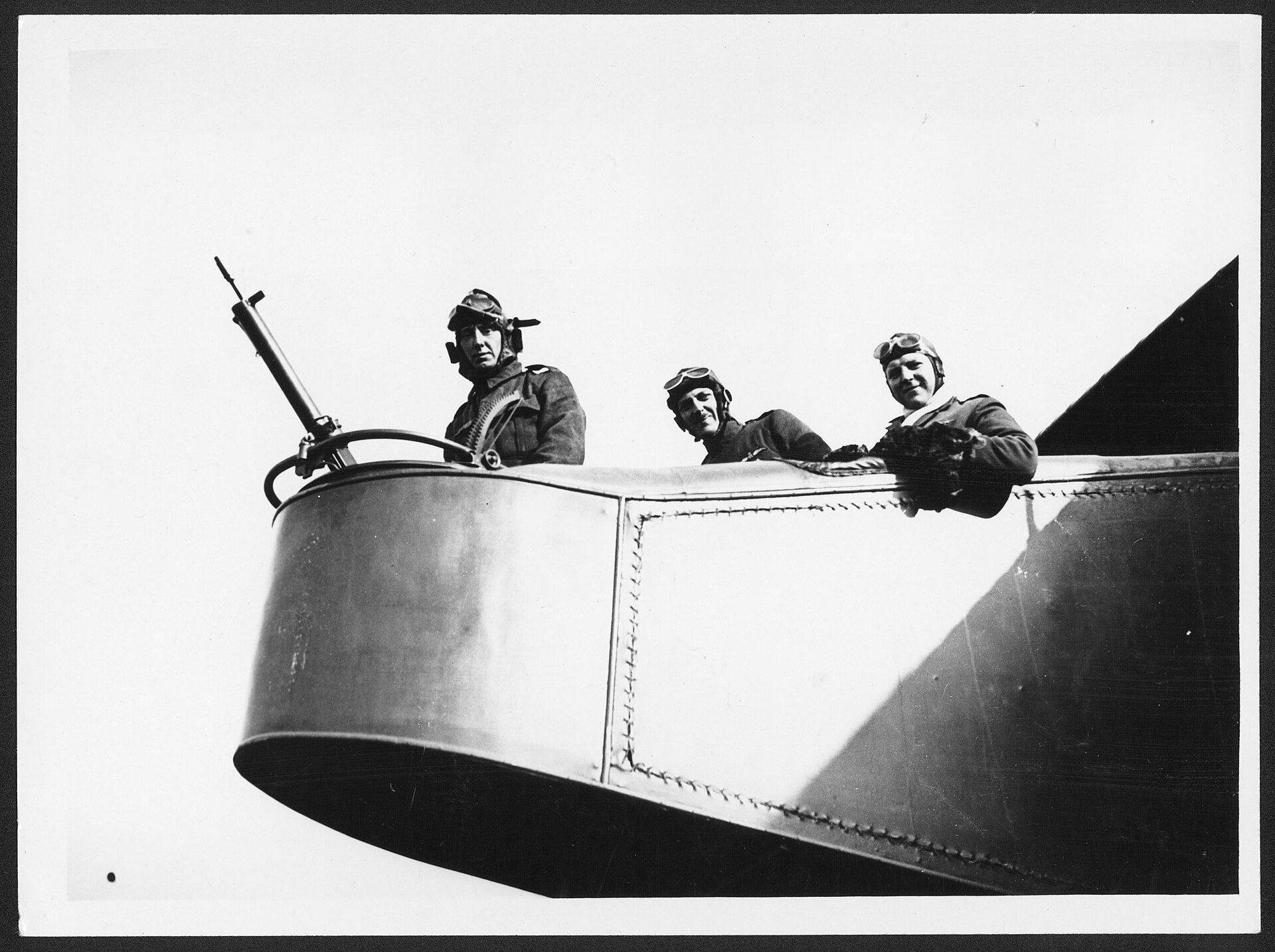 The three-man crew in the blunt nose of a Handley-Page bomber, Western Front.